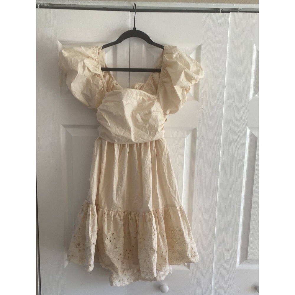 En Saison Puff Sleeve Eyelet Mini Dress Womens Size S Cream Cottagecore Cotton